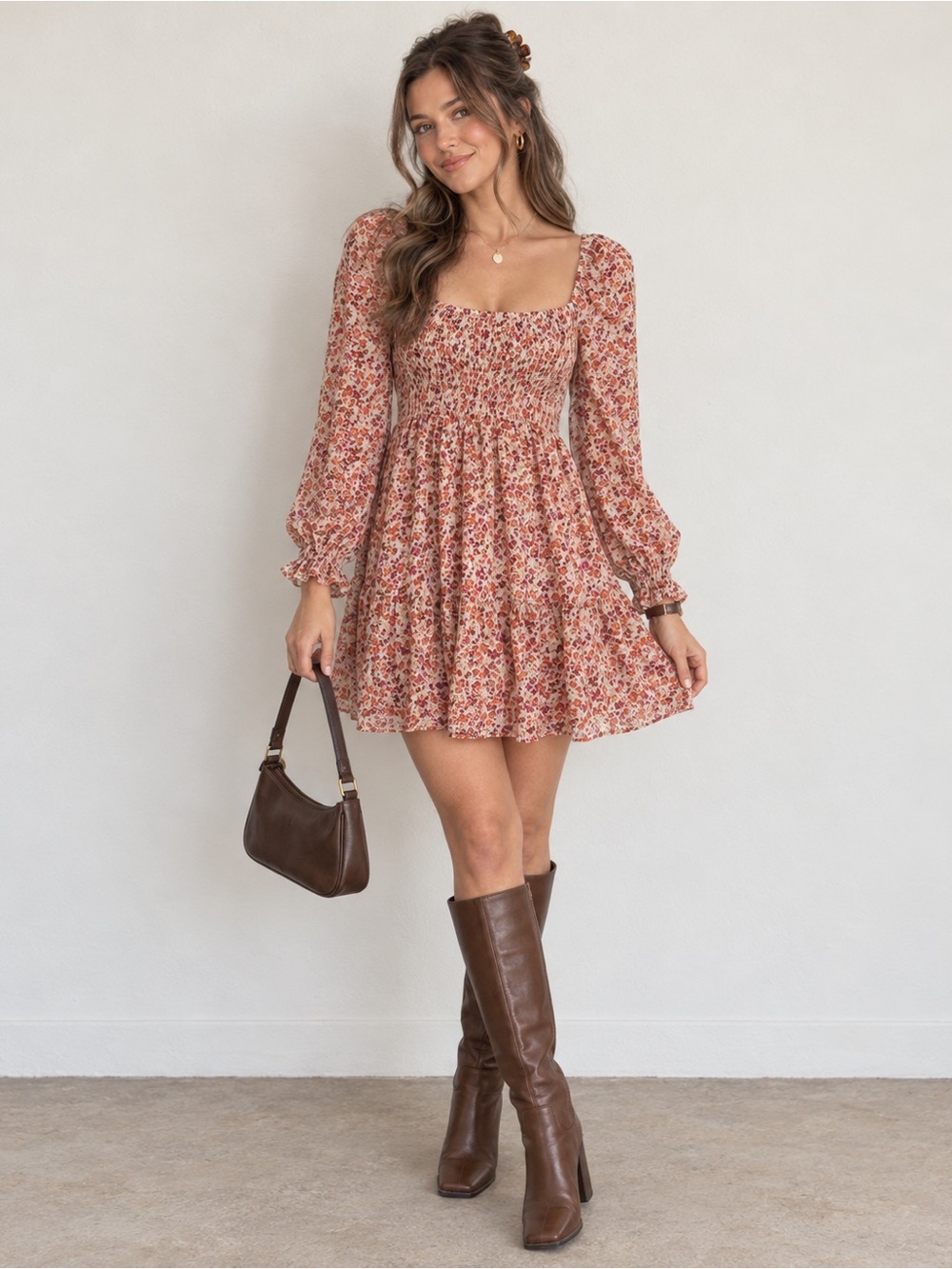 Lush Smocked Puff Sleeve Fall Cottagecore Mini Dress